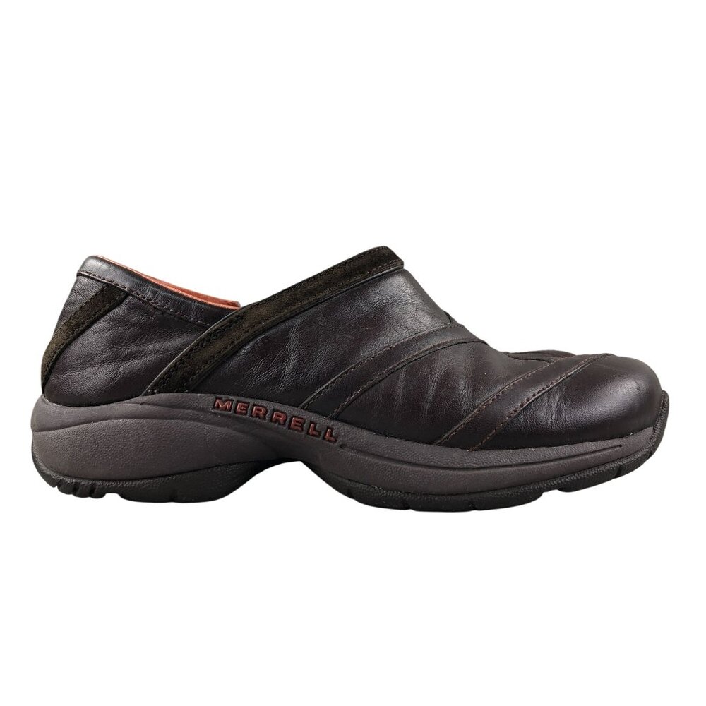 Merrell Women's Size 6.5 Primo Patch Bug Brown Leather Slip On Loafers Clogs